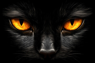 Black cat with yellow eyes, on black background
