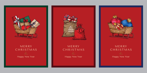 Christmas and New Year greeting cards with hand drawn illustrations on red background with text