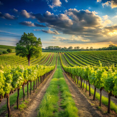 Fototapeta premium vineyard. vineyard, agriculture, landscape, wine, field, vine, nature, farm, green, sky, grape, grapes, valley, rural, winery, countryside, country, italy, summer, blue, hill, fruit, grapevine, vines,