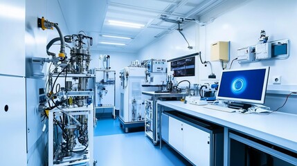 Clean room with fuel testing equipment, scientist monitoring holographic data, white and blue tones