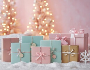 Festive pastel-colored gifts stacked elegantly against a soft pink backdrop with twinkling lights.