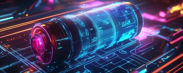Digital fuel tank model, holographic details, bright neon accents, futuristic scientific illustration