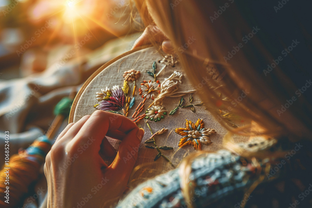 Poster embroidery in a cozy nook with a hoop threads and patterns generative ai image