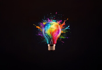 A light bulb with a colorful explosion of paint inside, against a dark background.