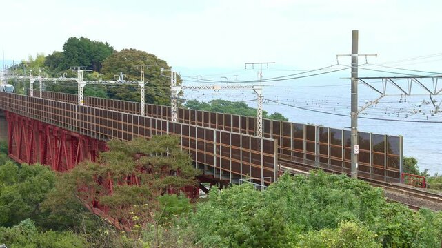 東海道線の白糸川橋梁を渡るサフィール踊り子号