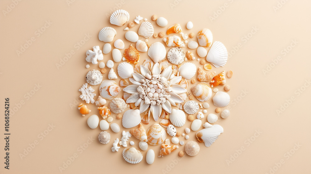 Poster a creative display of various seashells and coral arranged to resemble a flower, set against a soft 
