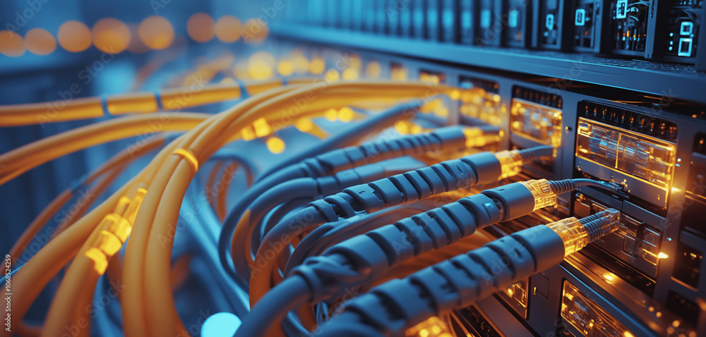 Aufkleber secure internet technology network: lan cable infrastructure in a modern server room for reliable da