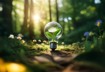 A light bulb sits in a forest setting with a small plant growing inside. The sun shines through the bulb, illuminating the plant.