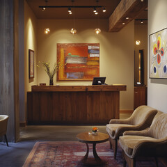 Modern Luxury Spa Reception Area with Warm Lighting and Contemporary Art