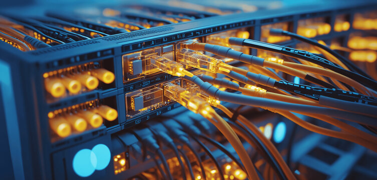 secure internet technology network: LAN cable infrastructure in a modern server room for reliable data storage and connectivity