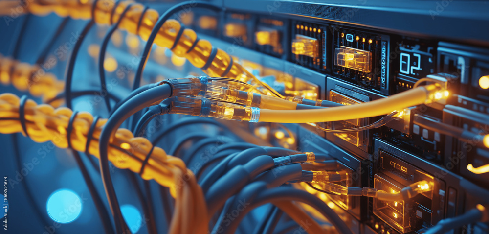 Aufkleber secure internet technology network: lan cable infrastructure in a modern server room for reliable da