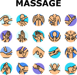 massage therapy relaxation icons set vector. wellness healing, therapy stress, tension, rejuvenation holistic, bodywork, spa massage therapy relaxation color line illustrations