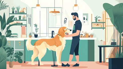 A man interacting with a golden retriever in a modern kitchen filled with green plants.
