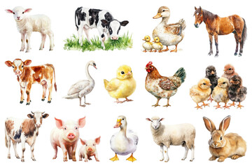 PNG watercolor farm animal design element set, transparent background
