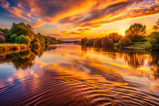 sunset over the river. sunset, lake, water, sky, landscape, nature, sun, sunrise, clouds, river, cloud, dusk, evening, reflection, summer, blue, sea, tree, calm, light, morning, orange, beautiful, bea