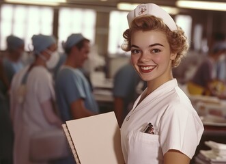 Obraz premium A nurse, holding a doctor's notebook, smiles at the camera while medical staff work in the background