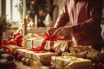 Gift wrapping in a cozy holiday setting at home