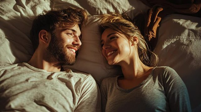 A couple lays in bed, smiling at each other, looking relaxed and content