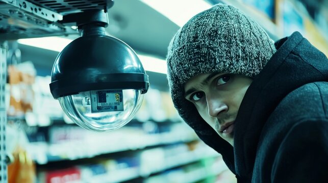 A shoplifter caught on a security camera, illustrating theft as a form of property crime