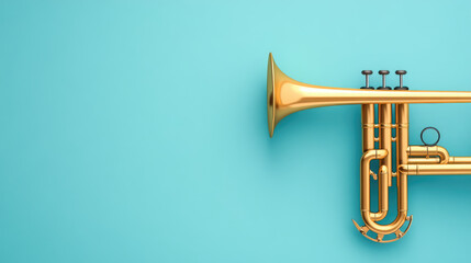 Obraz premium Trumpet on Vibrant Blue Canvas, a striking 3D illustration highlighting the instrument's details, perfect for text overlay and creative projects.