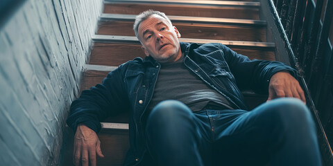 Senior man lying on the stairs after falling. © Ekaterina Pokrovsky