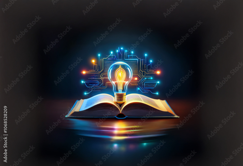 Poster an open book with a glowing lightbulb on top. the lightbulb is surrounded by a digital circuit board