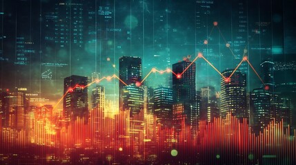 Cityscape with Overlaid Financial Data and Trend Lines