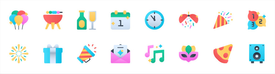 Set of New Year icons. 16 sets of New Year icons. New Year icons. Simple gradient color New Year icons	
