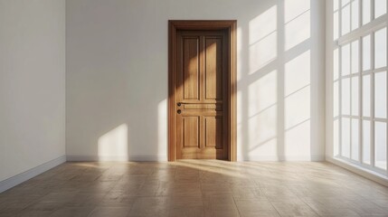Fototapeta premium Cozy empty living room interior with white walls, wooden door, and ample blank space for design mockups