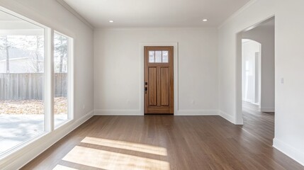 Obraz premium Empty living room with white walls, a wooden door, and wood flooring, featuring ample open space and blank walls for mockups