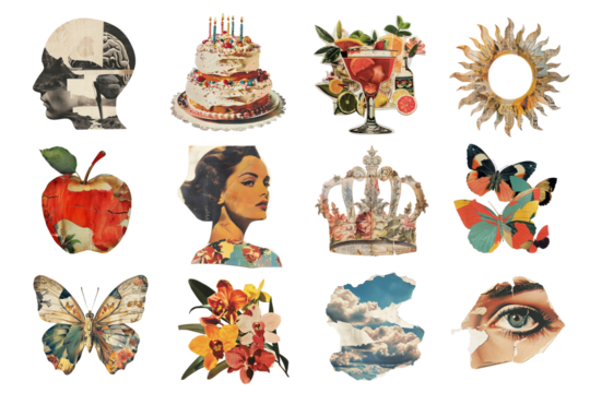 PNG Vintage collage art design element set, transparent background