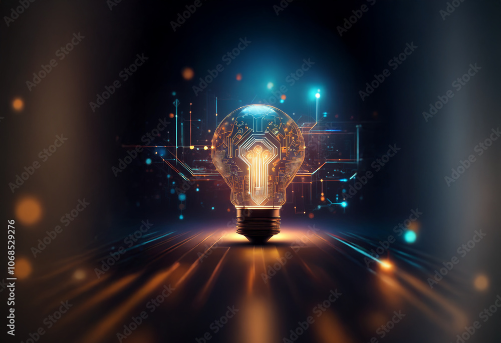 Poster a glowing light bulb with a digital circuit board design is illuminated against a dark background.