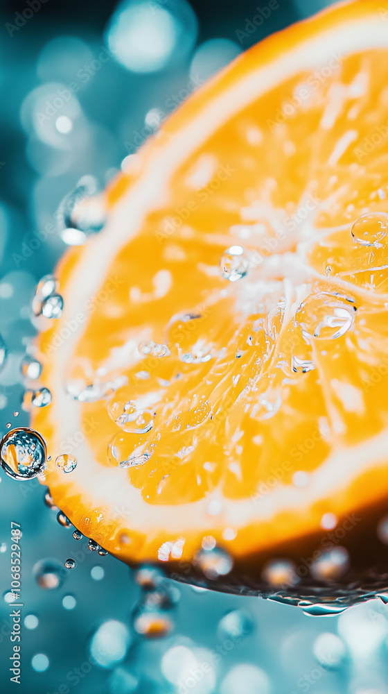 Poster an orange slice is surrounded by bubbles as it floats in sparkling water, creating a refreshing visu