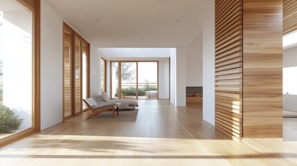 Modern empty room with blank white walls, wooden door, and open layout, perfect for adding design elements