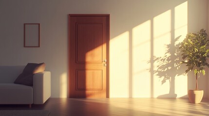 Fototapeta premium Modern minimalistic living room with a white wall, wooden door, and subtle sunlight, perfect for text overlay on empty space