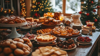 Fototapeta premium An abundance of assorted baked goods and desserts fills a wooden table, surrounded by warm holiday decorations, evoking a cozy winter atmosphere during a festive gathering