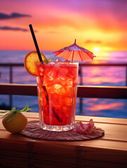 A glass of red cocktail with ice, an orange slice, and a cherry on the bar in front view, with an umbrella behind it all, and a sunset at sea in the background