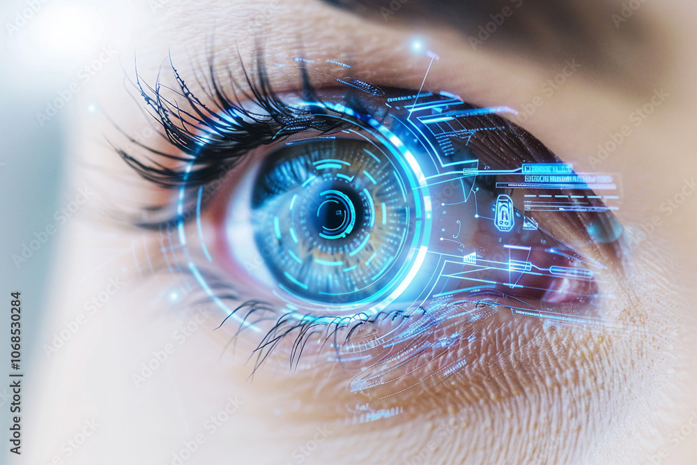 Poster human eye with futuristic cyber projection for virtual security and identity innovation - generative