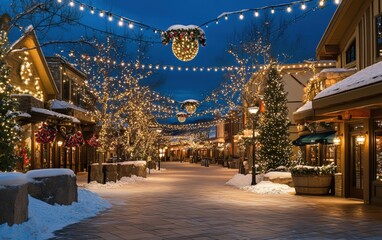Charming Town Square with Festive Decor Quaint town square decorated with string lights, holiday displays, and snow, perfect for holiday scenes