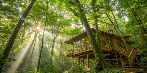 Sunlight streams through the dense canopy, illuminating a wooden cabin nestled amidst the leafy embrace of the forest.