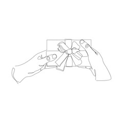 Hands holding a gift lineart. Hands gives Xmas holiday surprise. Christmas present with bow ribbon. Vector illustration isolated on white background