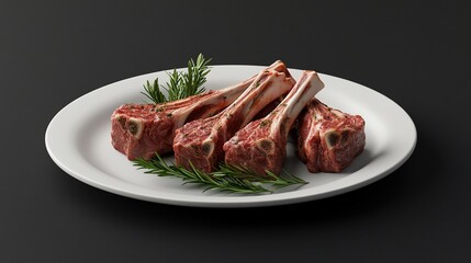 Four raw lamb chops with rosemary sprigs on a white plate against a black background.