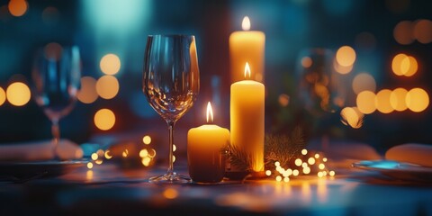 A romantic dinner setting with softly glowing candles and elegant glassware. Perfect for special occasions. A warm ambiance creates a cozy atmosphere for intimate gatherings. AI
