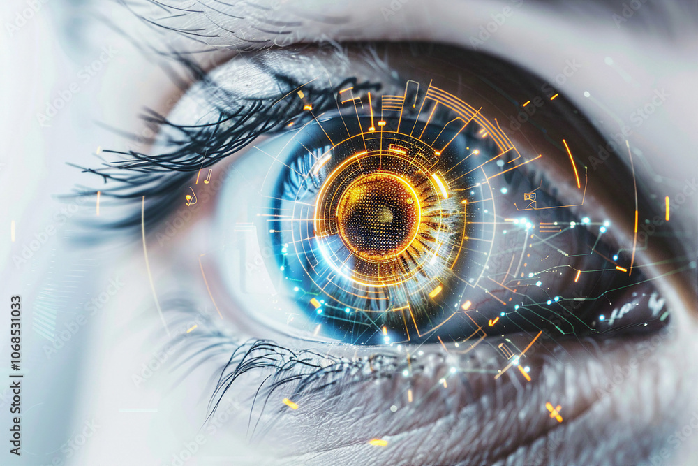Poster human eye with futuristic cyber projection for virtual security and identity innovation - generative