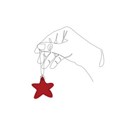 Line art hand holding a red Christmas tree toy in the form of a star. Vector illustration on a white background. New Year card, festive mood.