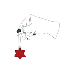 Line art hand holding a red Christmas tree toy in the form of a star. Vector illustration on a white background. New Year card, festive mood.