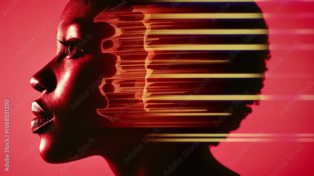 Poster a woman's face is shown in a red background with a black and white pattern. the image is abstract an
