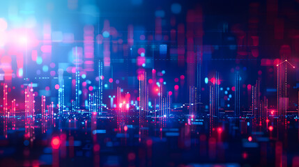 Obraz premium View of stock market expansion, business investment, and data analysis concept featuring digital financial charts, graphs, and indicators against a dark blue blurred background