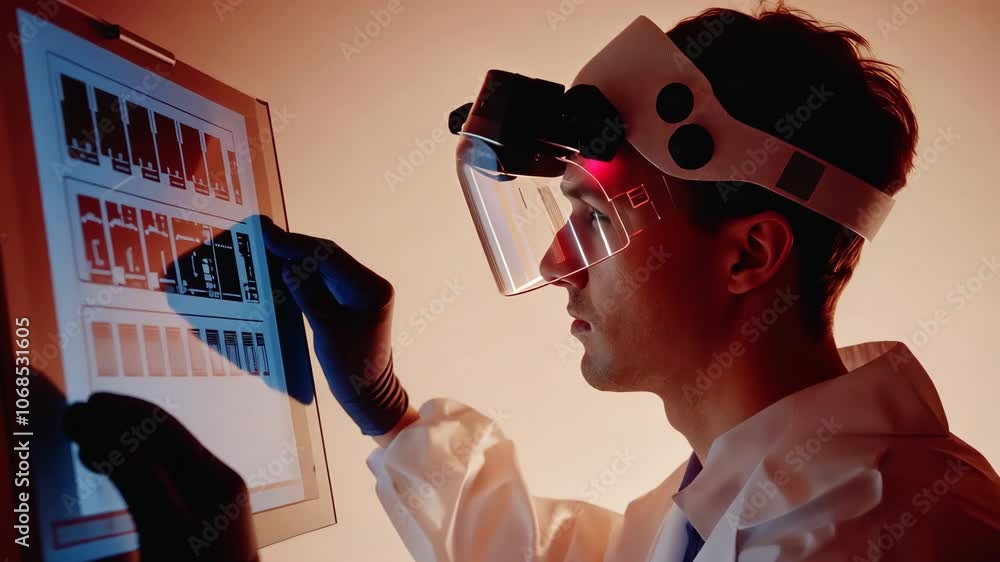 Poster a man in a white lab coat and goggles is examining a computer screen. he is wearing a white lab coat