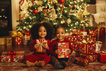 Two joyful kids with Christmas gifts by the tree